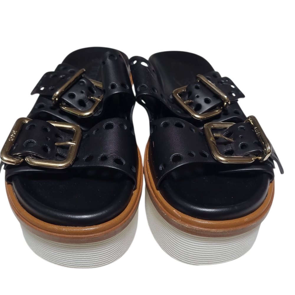 Tod's Black Leather Platform Sandals with Gold Buckles (Size 35.5)
